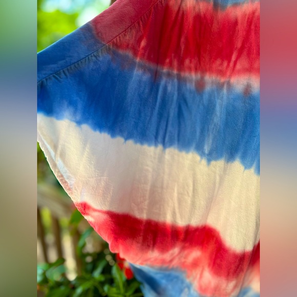 Tie Dye Red White Blue Boho Hippie Loose Flowy Open Front Kimono Duster Cover M - Picture 3 of 8